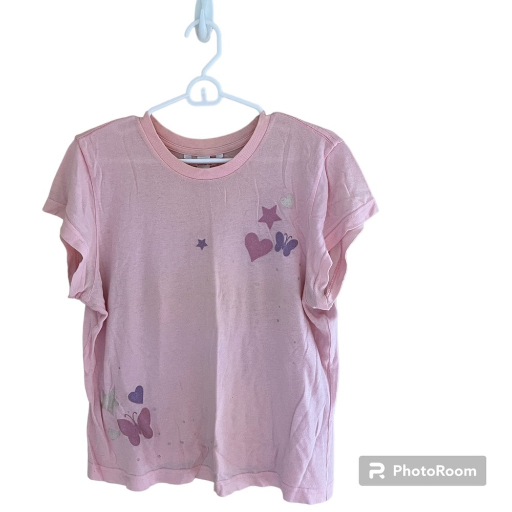 ◻️AEROPOSTALE: Women’s size L, pink boyfriend tee w/butterfly decals, preowned.